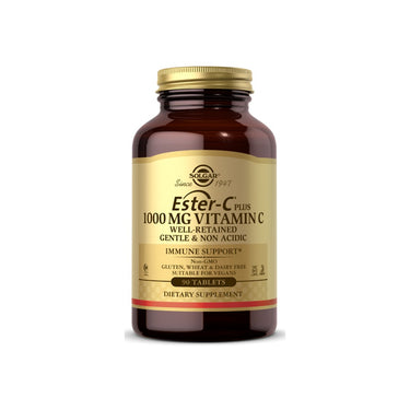 A bottle of Solgar Ester-c Plus 1000 mg vitamin C 90 tablets.